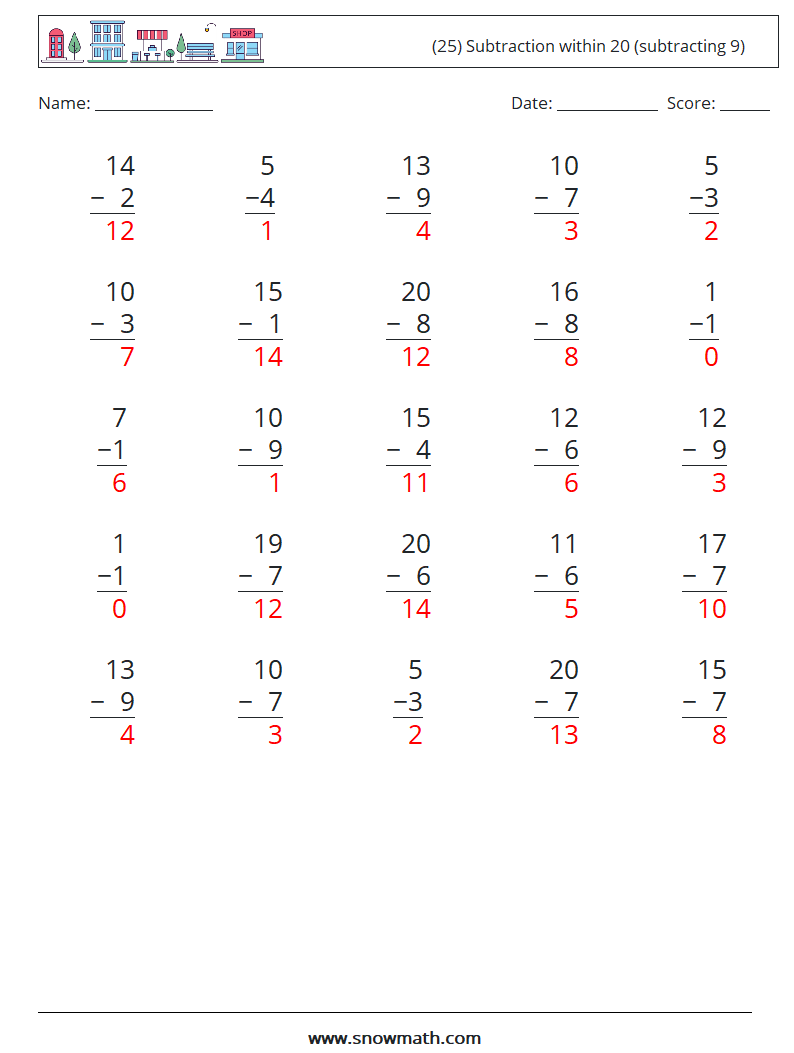 (25) Subtraction within 20 (subtracting 9) Math Worksheets 10 Question, Answer