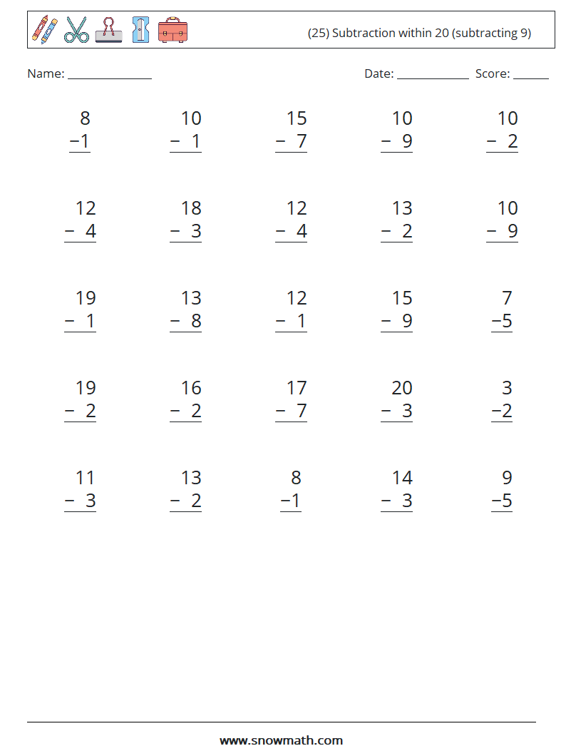 (25) Subtraction within 20 (subtracting 9) Math Worksheets 11