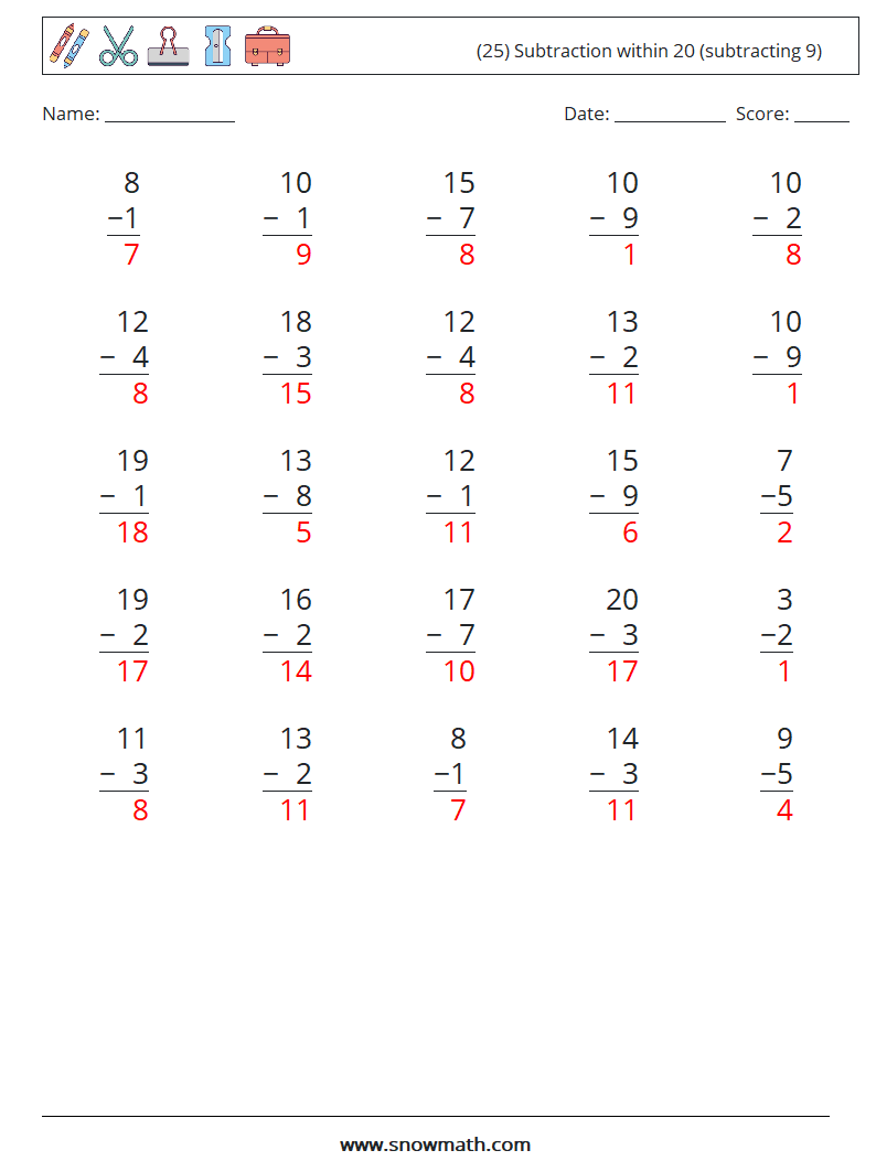 (25) Subtraction within 20 (subtracting 9) Math Worksheets 11 Question, Answer