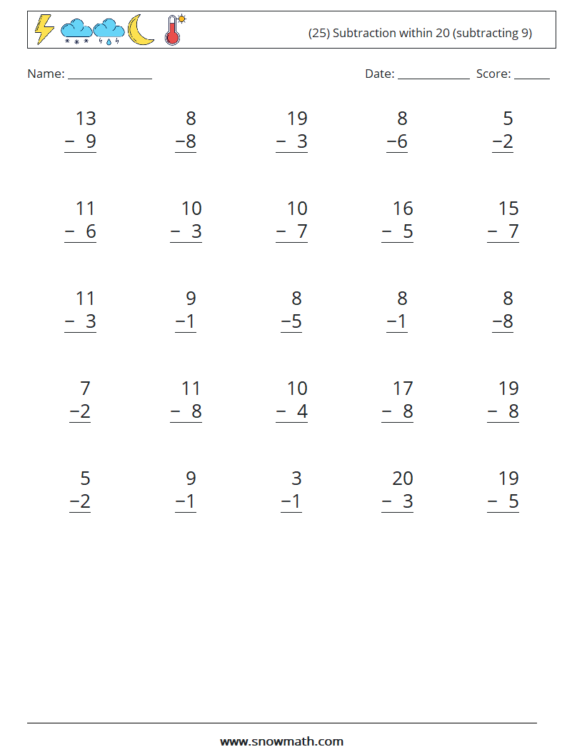 (25) Subtraction within 20 (subtracting 9) Math Worksheets 12