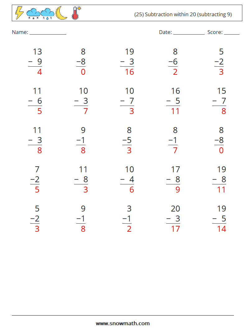 (25) Subtraction within 20 (subtracting 9) Math Worksheets 12 Question, Answer