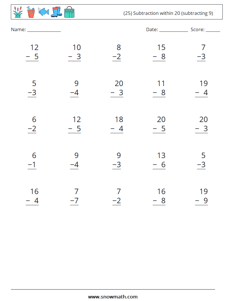 (25) Subtraction within 20 (subtracting 9) Math Worksheets 13