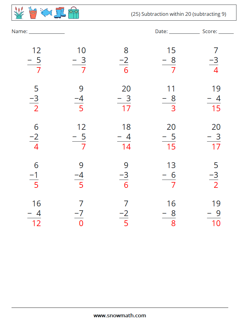 (25) Subtraction within 20 (subtracting 9) Math Worksheets 13 Question, Answer