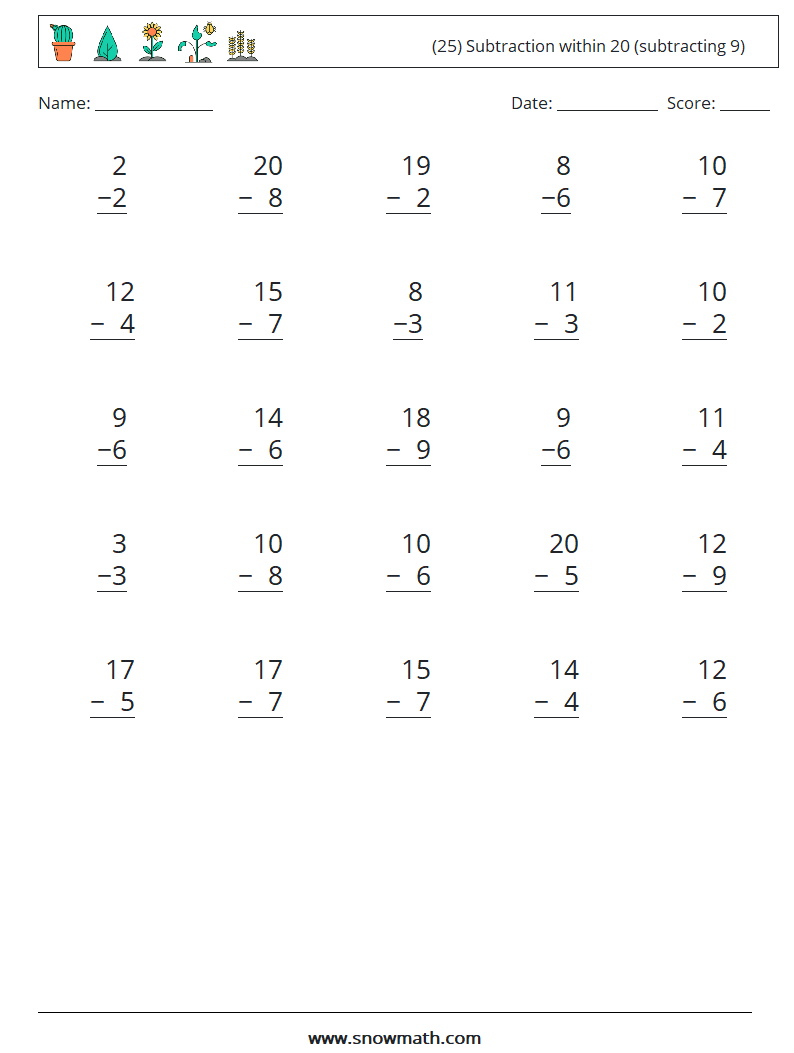 (25) Subtraction within 20 (subtracting 9) Math Worksheets 14