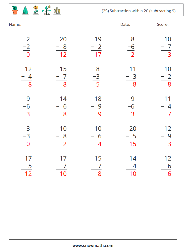 (25) Subtraction within 20 (subtracting 9) Math Worksheets 14 Question, Answer