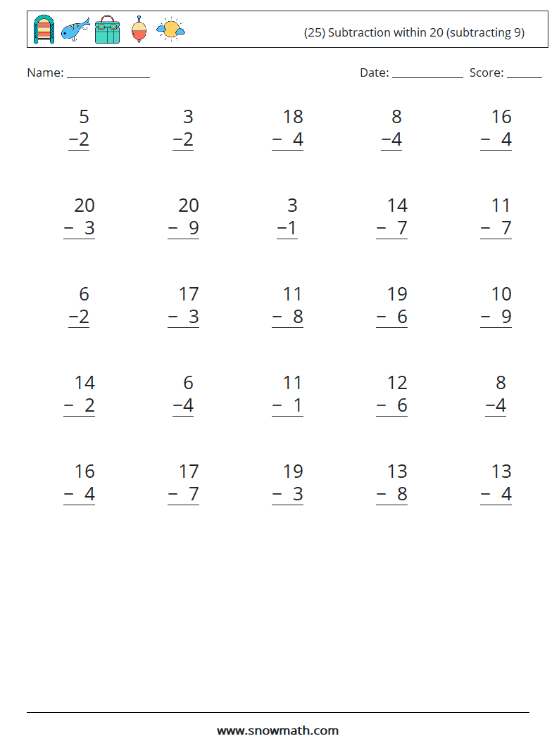 (25) Subtraction within 20 (subtracting 9) Math Worksheets 15