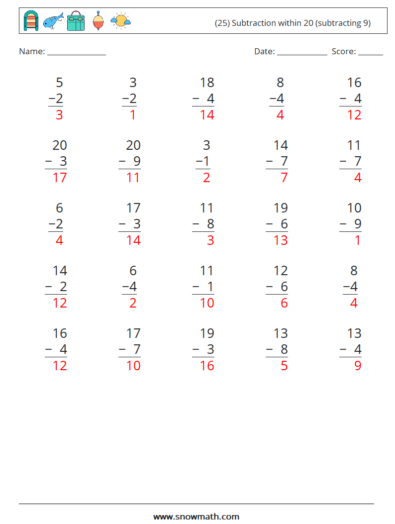 (25) Subtraction within 20 (subtracting 9) Math Worksheets 15 Question, Answer