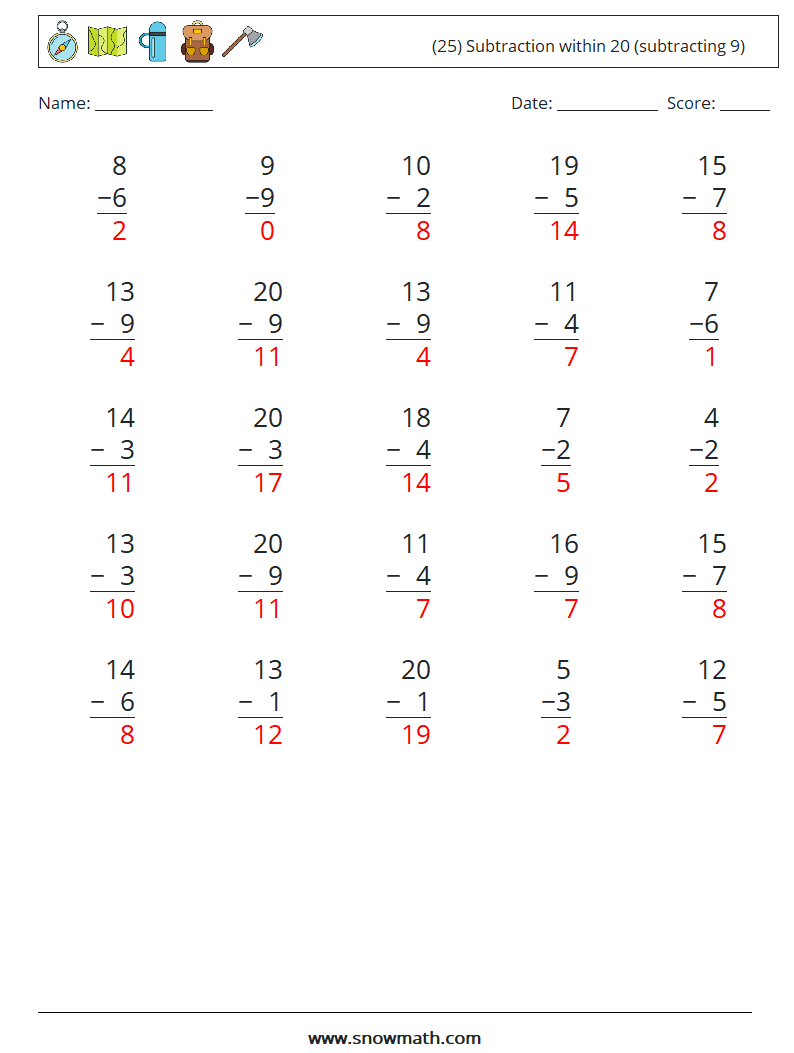 (25) Subtraction within 20 (subtracting 9) Math Worksheets 16 Question, Answer