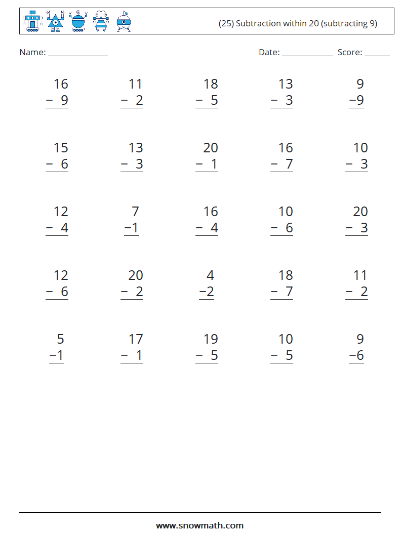 (25) Subtraction within 20 (subtracting 9) Math Worksheets 17