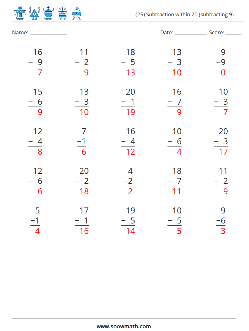 (25) Subtraction within 20 (subtracting 9) Math Worksheets 17 Question, Answer