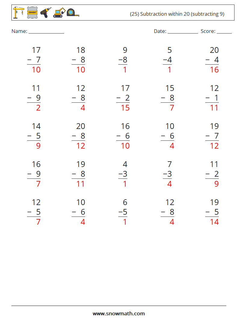 (25) Subtraction within 20 (subtracting 9) Math Worksheets 18 Question, Answer