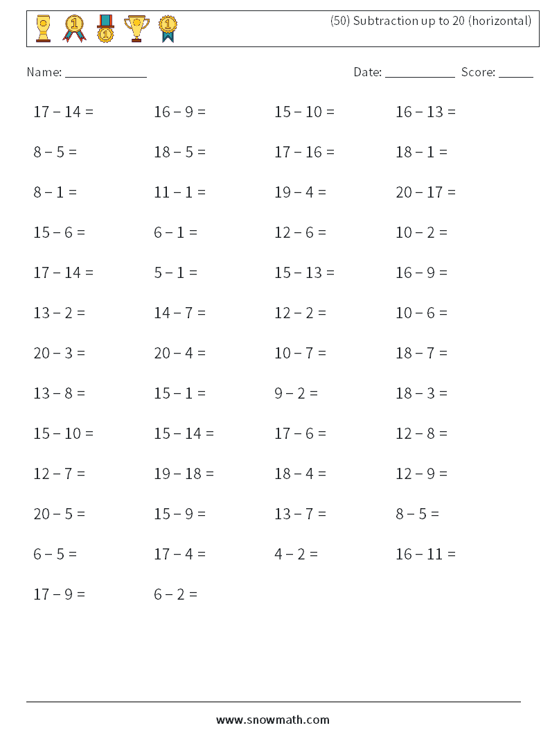 (50) Subtraction up to 20 (horizontal) Math Worksheets 1