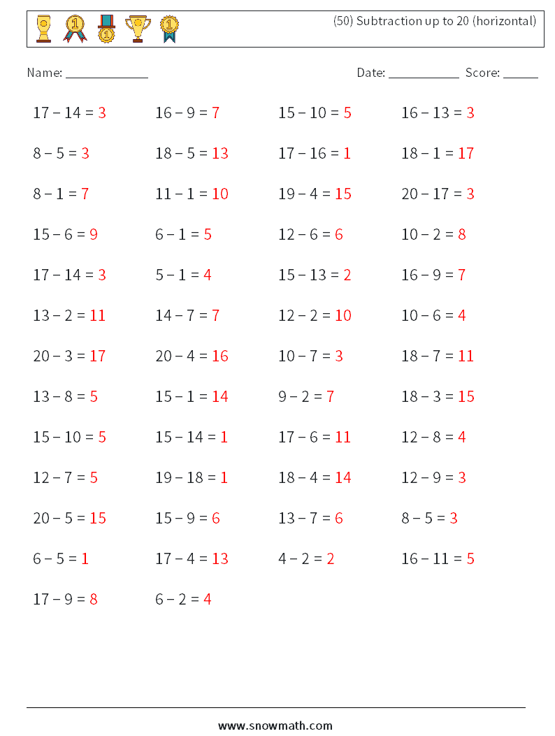 (50) Subtraction up to 20 (horizontal) Math Worksheets 1 Question, Answer