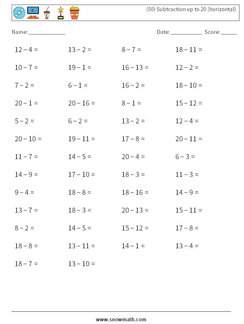 (50) Subtraction up to 20 (horizontal) Math Worksheets 2