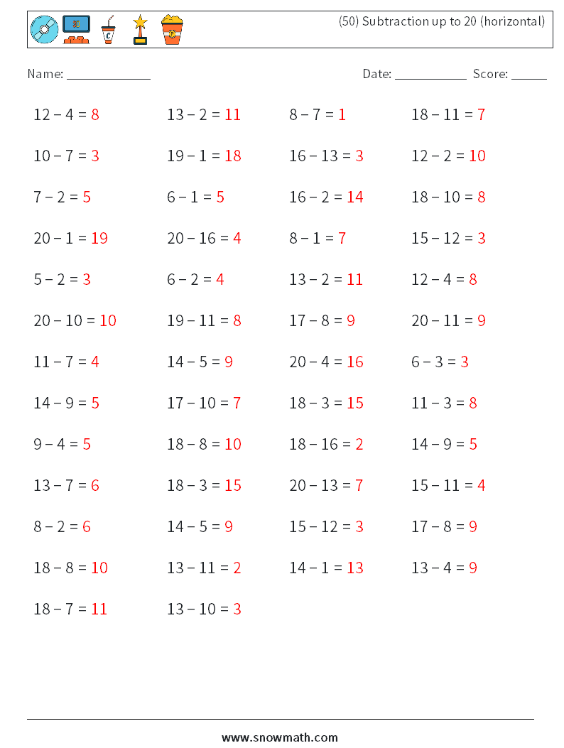 (50) Subtraction up to 20 (horizontal) Math Worksheets 2 Question, Answer