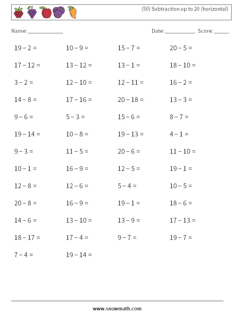 (50) Subtraction up to 20 (horizontal) Math Worksheets 3