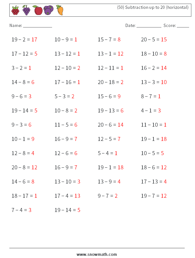 (50) Subtraction up to 20 (horizontal) Math Worksheets 3 Question, Answer