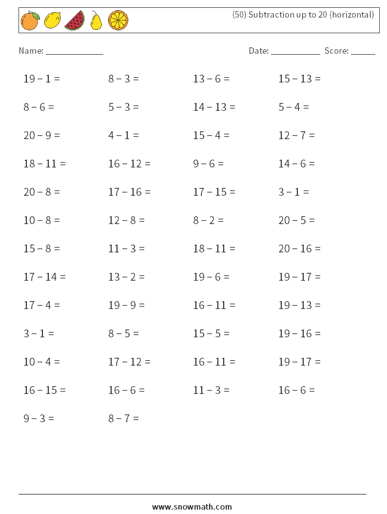 (50) Subtraction up to 20 (horizontal) Math Worksheets 4