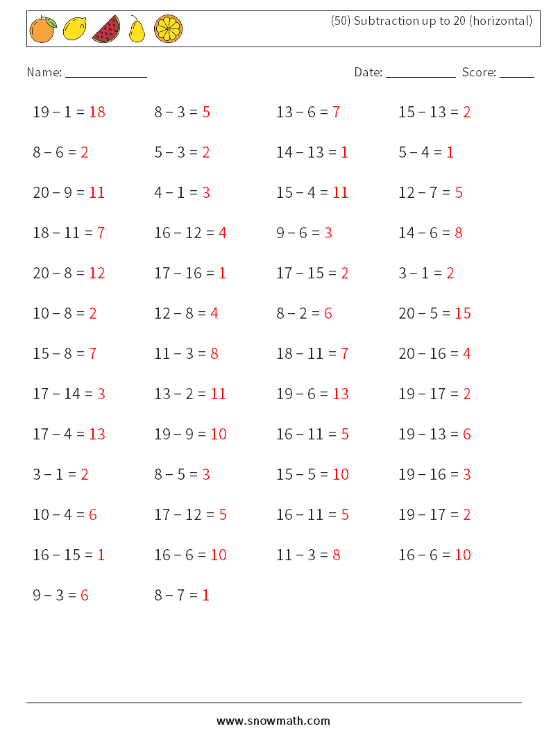 (50) Subtraction up to 20 (horizontal) Math Worksheets 4 Question, Answer