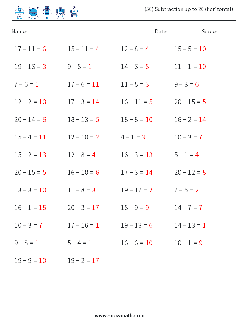 (50) Subtraction up to 20 (horizontal) Math Worksheets 5 Question, Answer