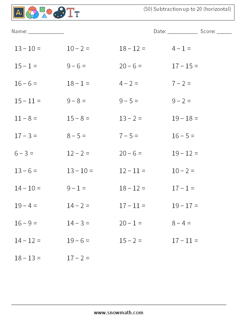 (50) Subtraction up to 20 (horizontal) Math Worksheets 6