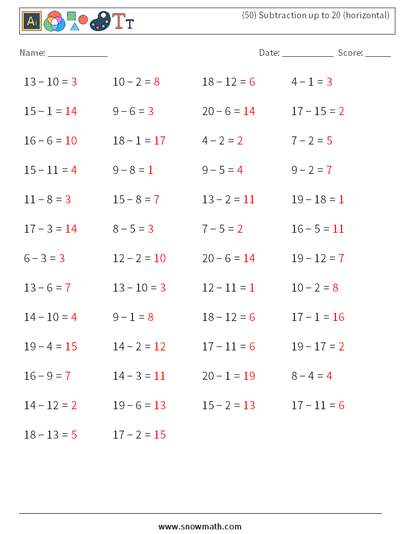 (50) Subtraction up to 20 (horizontal) Math Worksheets 6 Question, Answer