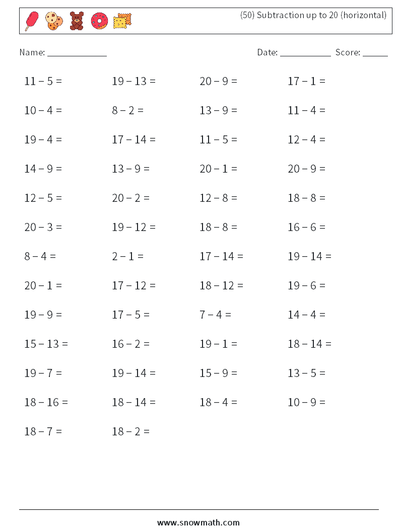 (50) Subtraction up to 20 (horizontal) Math Worksheets 7