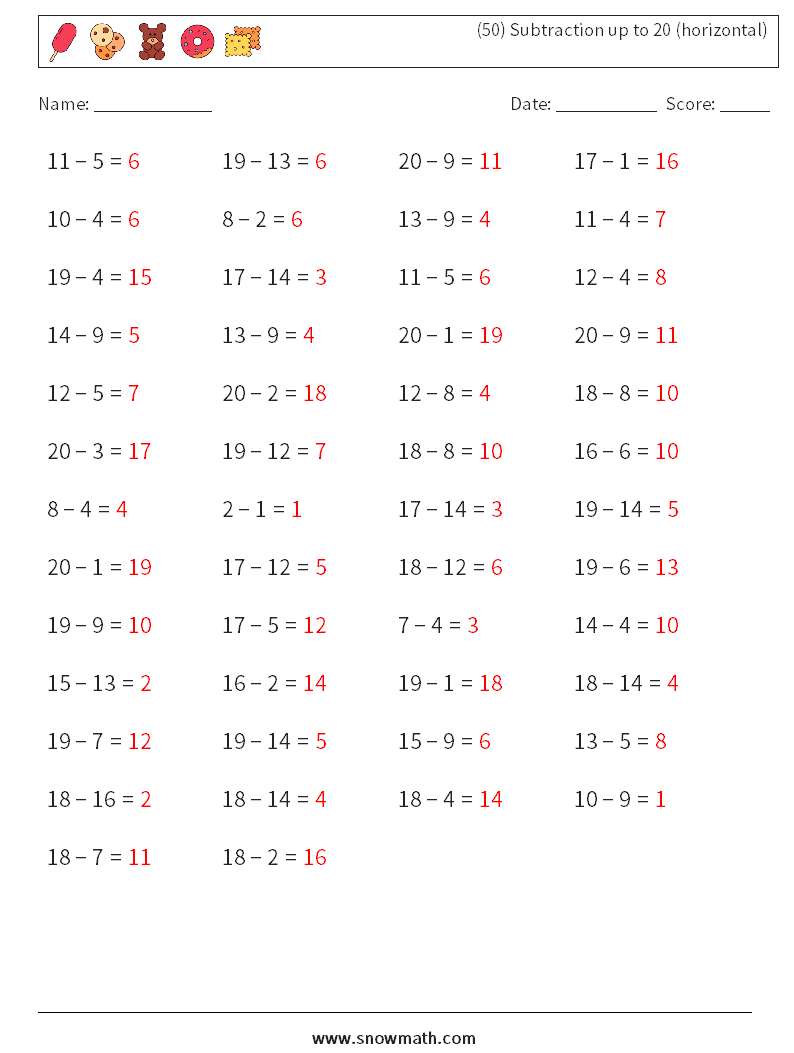 (50) Subtraction up to 20 (horizontal) Math Worksheets 7 Question, Answer