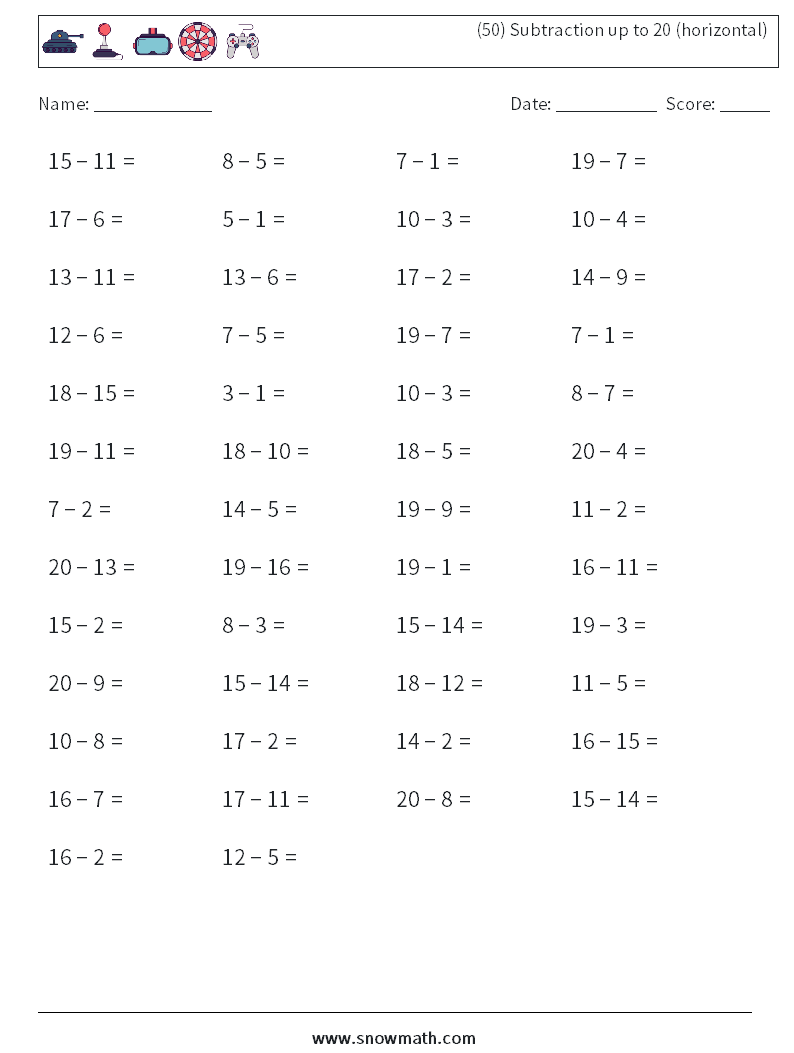 (50) Subtraction up to 20 (horizontal) Math Worksheets 8