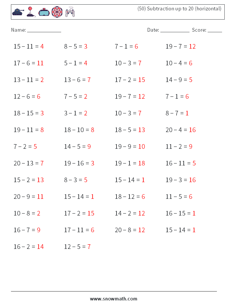 (50) Subtraction up to 20 (horizontal) Math Worksheets 8 Question, Answer