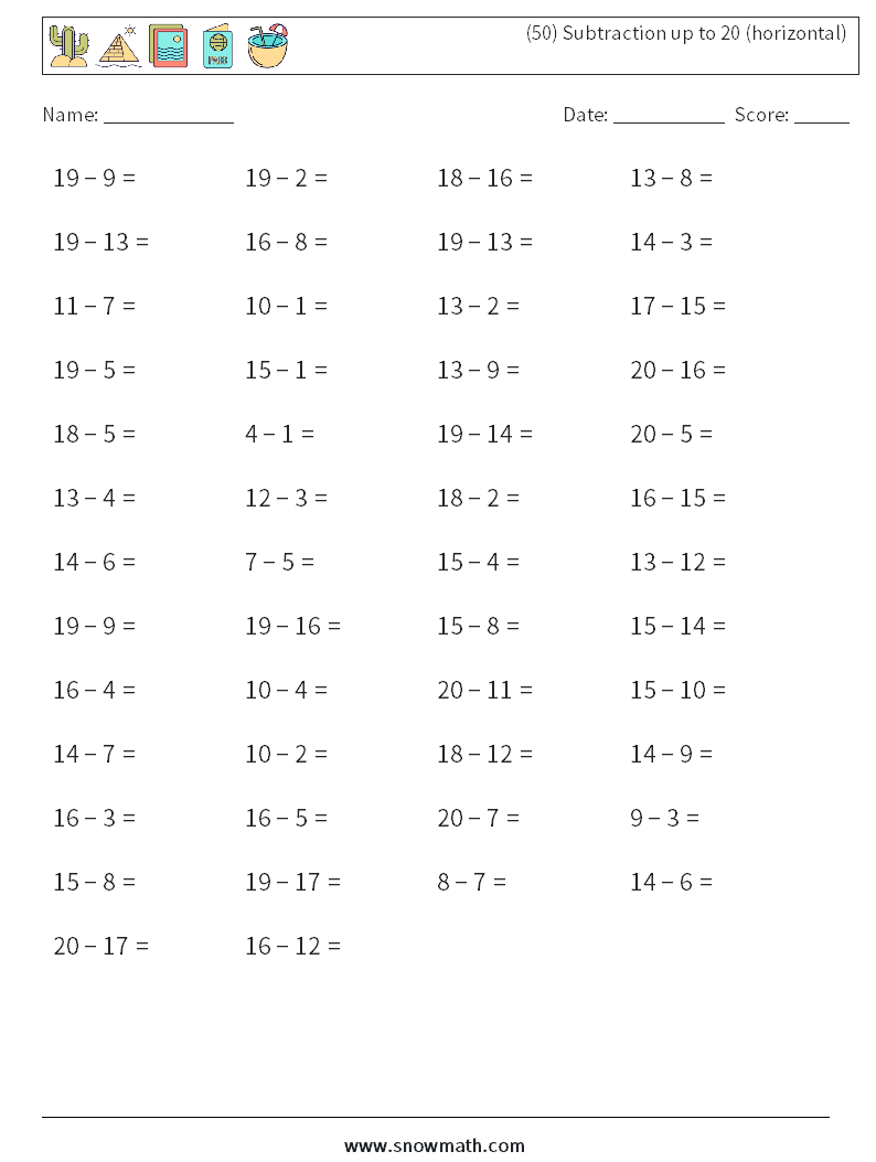 (50) Subtraction up to 20 (horizontal) Math Worksheets 9