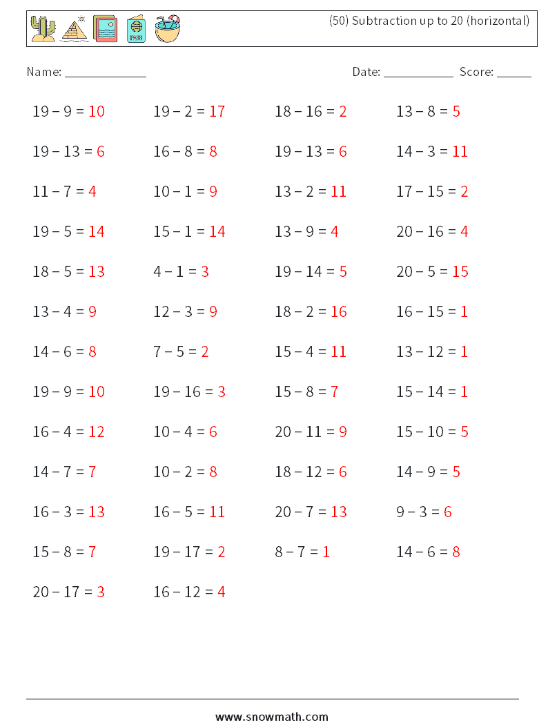 (50) Subtraction up to 20 (horizontal) Math Worksheets 9 Question, Answer