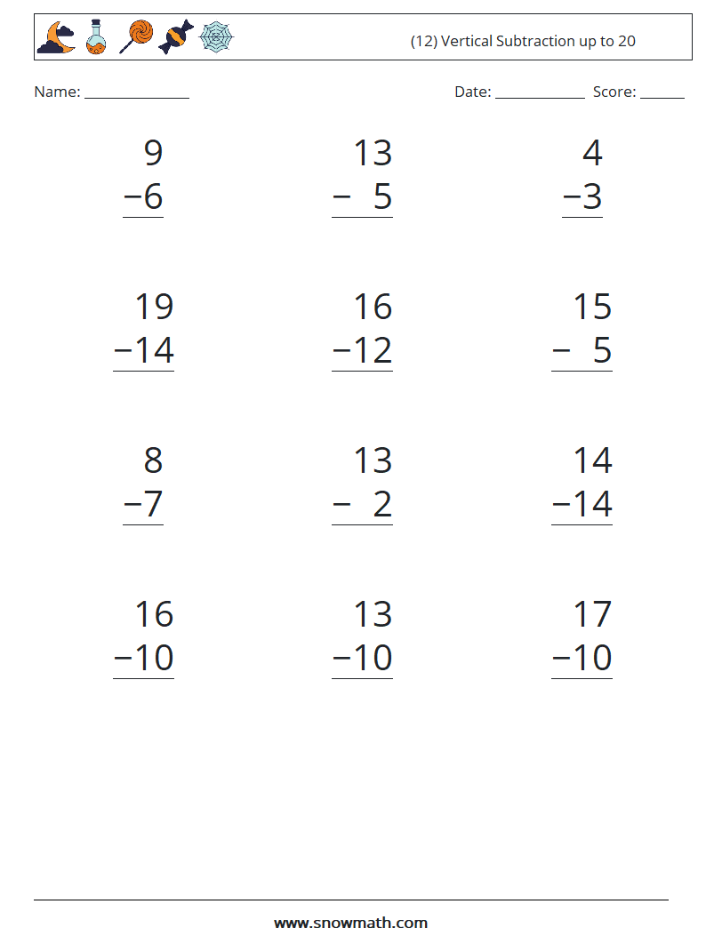 (12) Vertical Subtraction up to 20 Math Worksheets 10