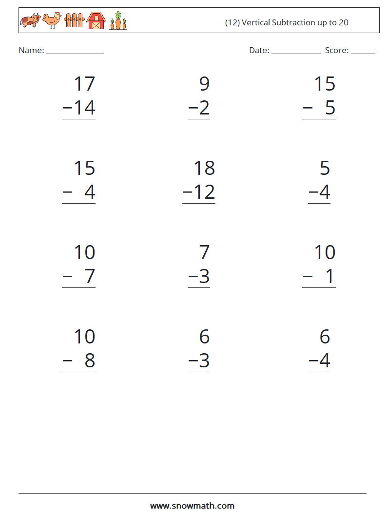 (12) Vertical Subtraction up to 20 Math Worksheets 13