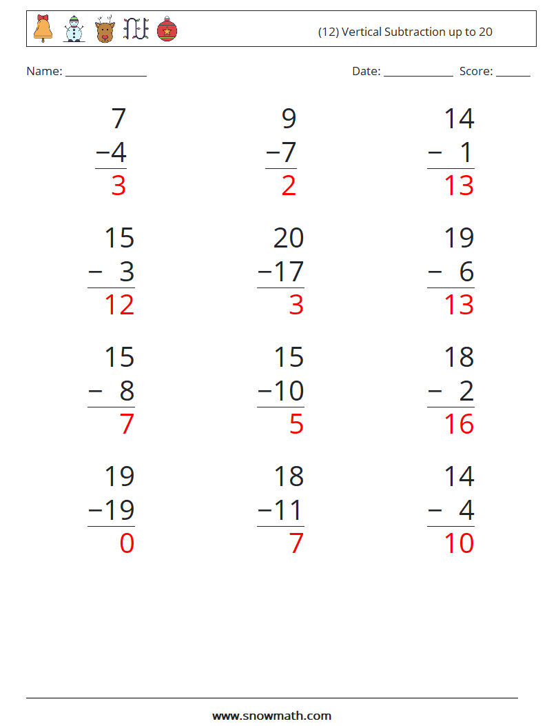(12) Vertical Subtraction up to 20 Math Worksheets 4 Question, Answer