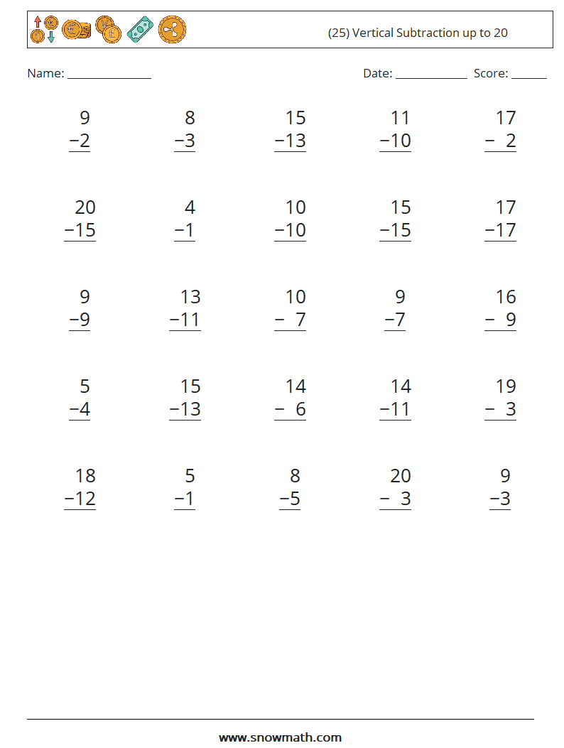 (25) Vertical Subtraction up to 20 Math Worksheets 1