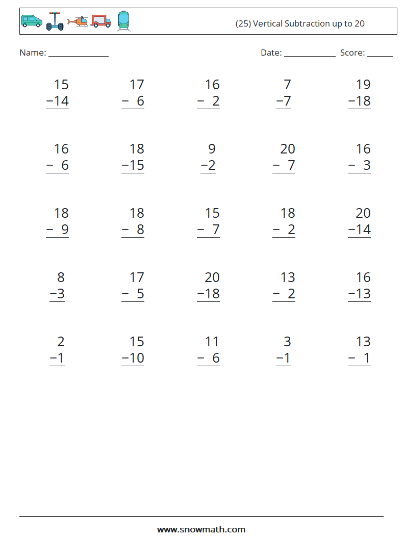 (25) Vertical Subtraction up to 20 Math Worksheets 10