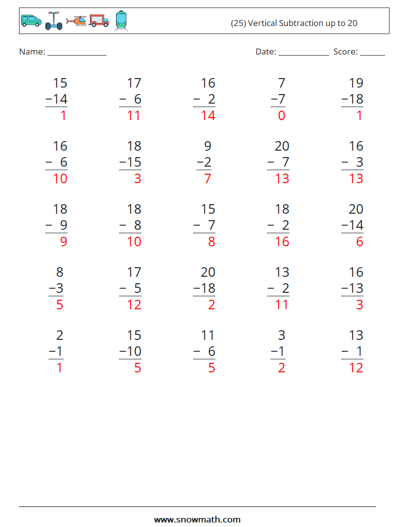 (25) Vertical Subtraction up to 20 Math Worksheets 10 Question, Answer