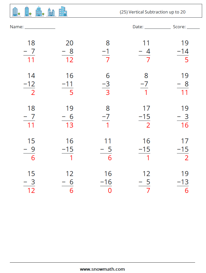 (25) Vertical Subtraction up to 20 Math Worksheets 11 Question, Answer