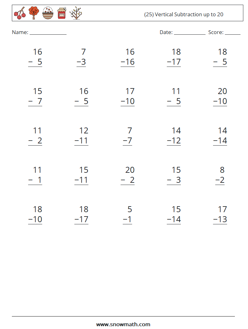 (25) Vertical Subtraction up to 20 Math Worksheets 14