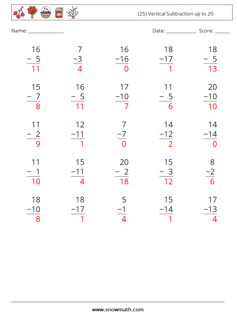 (25) Vertical Subtraction up to 20 Math Worksheets 14 Question, Answer