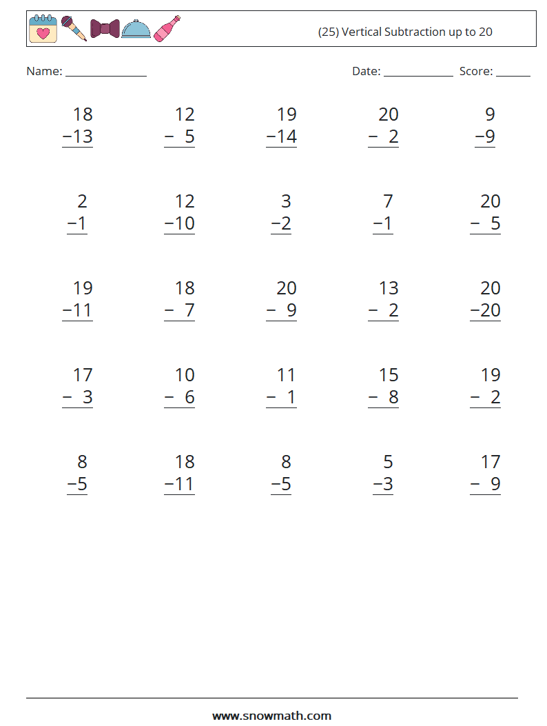 (25) Vertical Subtraction up to 20 Math Worksheets 16
