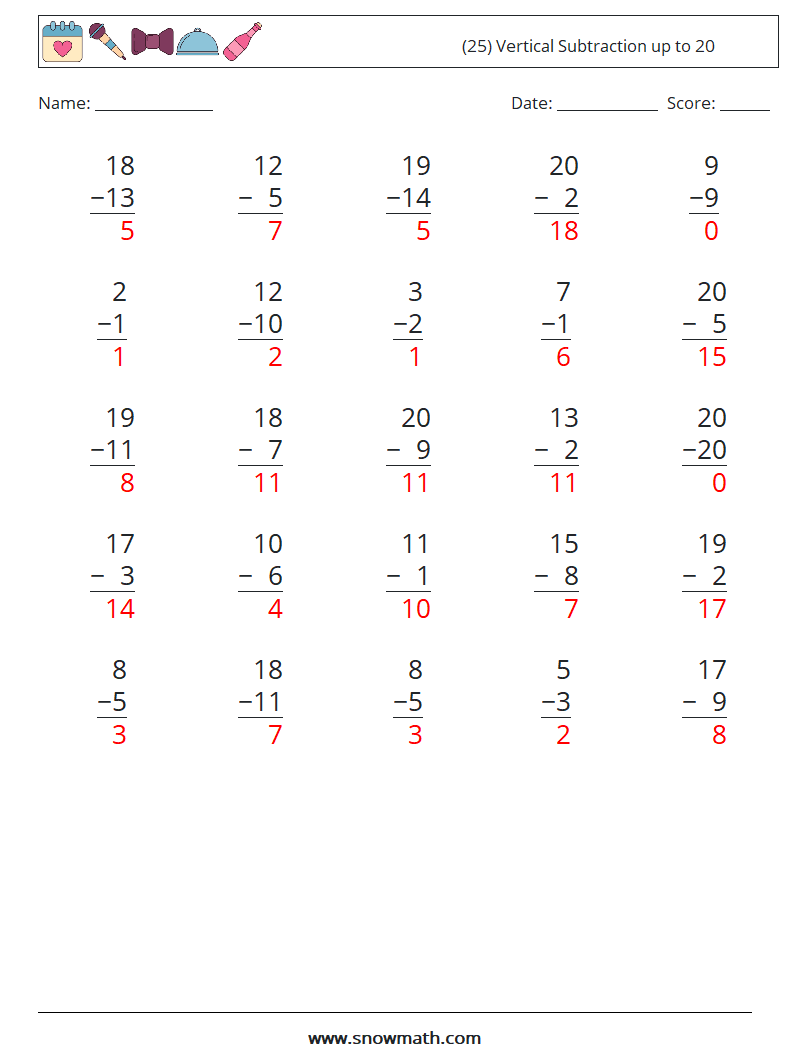 (25) Vertical Subtraction up to 20 Math Worksheets 16 Question, Answer