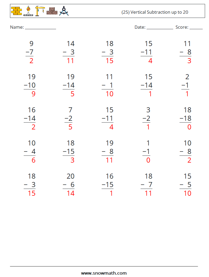 (25) Vertical Subtraction up to 20 Math Worksheets 17 Question, Answer