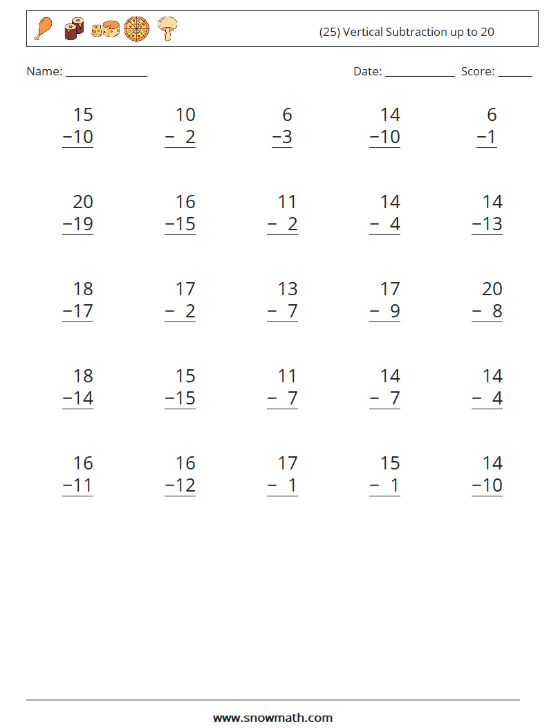 (25) Vertical Subtraction up to 20 Math Worksheets 18