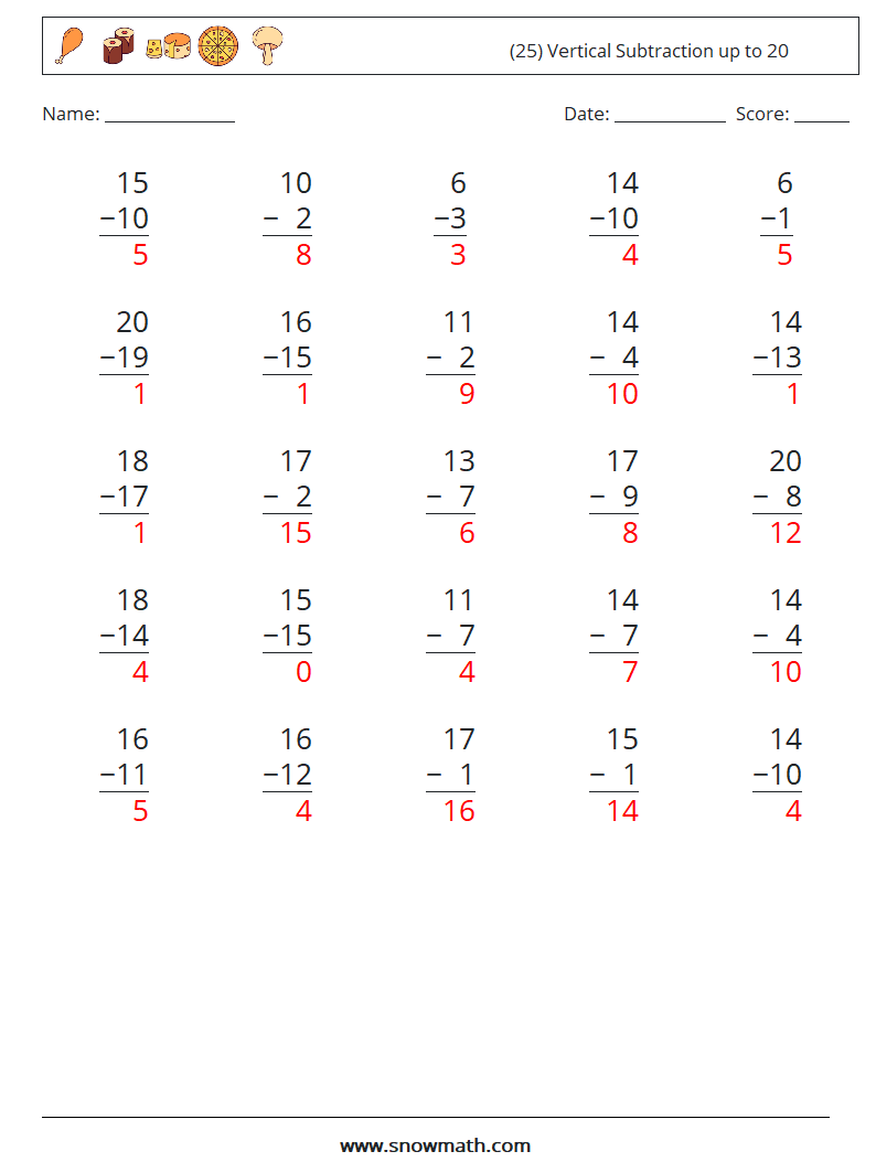 (25) Vertical Subtraction up to 20 Math Worksheets 18 Question, Answer