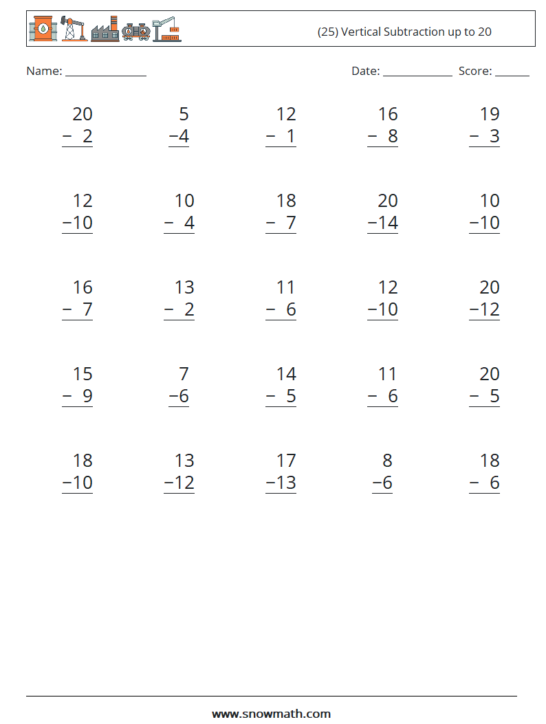 (25) Vertical Subtraction up to 20 Math Worksheets 2