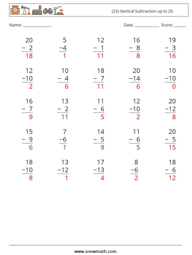 (25) Vertical Subtraction up to 20 Math Worksheets 2 Question, Answer
