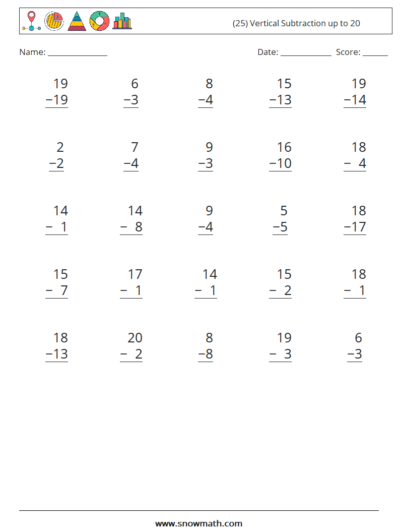 (25) Vertical Subtraction up to 20 Math Worksheets 4