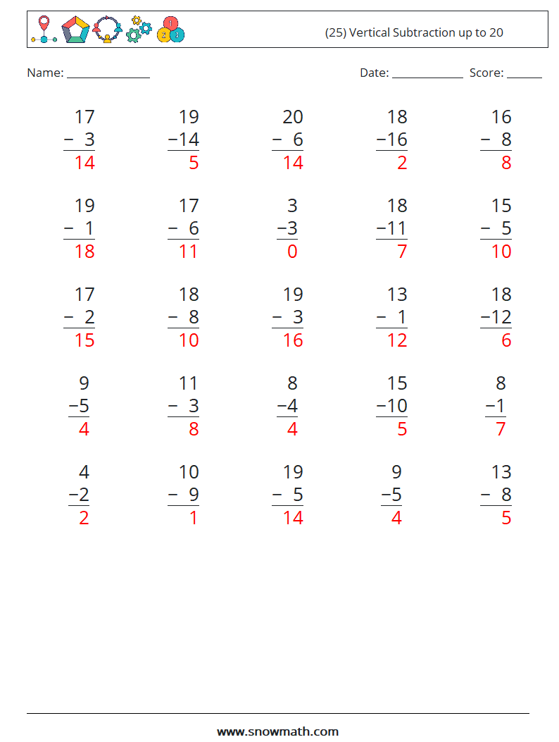 (25) Vertical Subtraction up to 20 Math Worksheets 5 Question, Answer